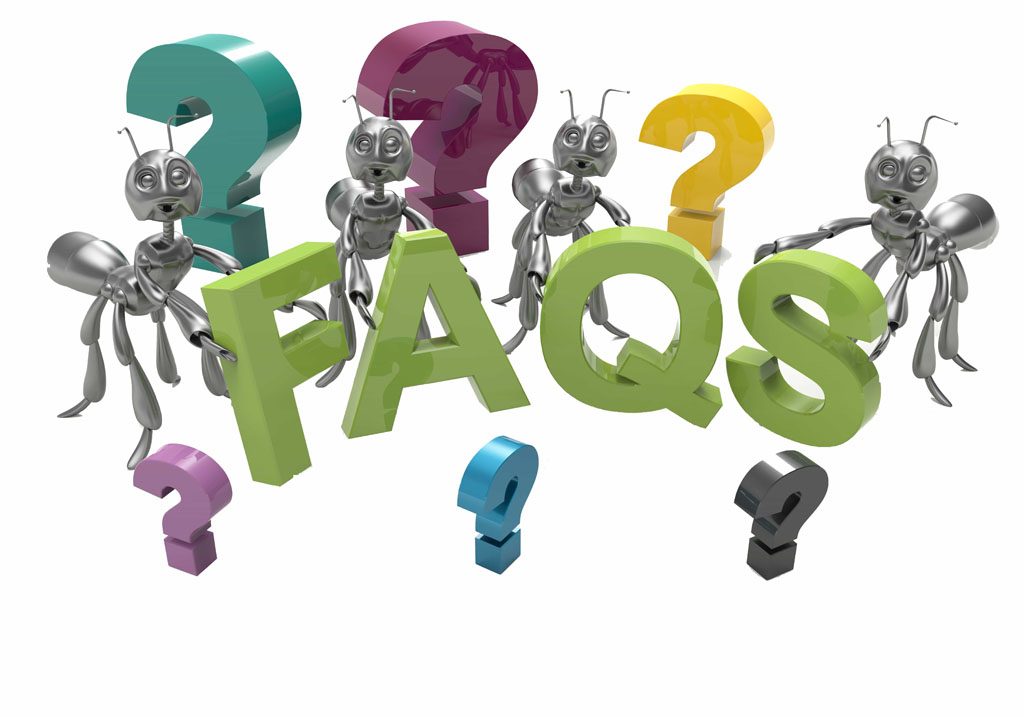 Technical support -Metallic ants with the question marks and the letters for frequently asked questions